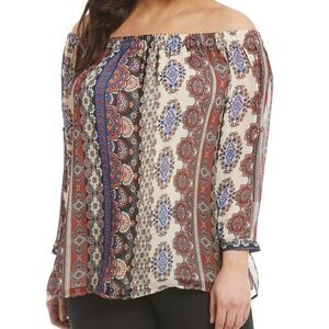Gibson Latimer Off Shoulder Three Quarter Sleeve Roll Tab Multicolor Blouse 1X